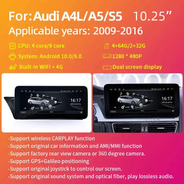 Android IPS Screen 10.25 Inch Car Stereo GPS Navigation Radio DVD Multimedia Player for Audi A4 A4L A5 S5 2009-2016