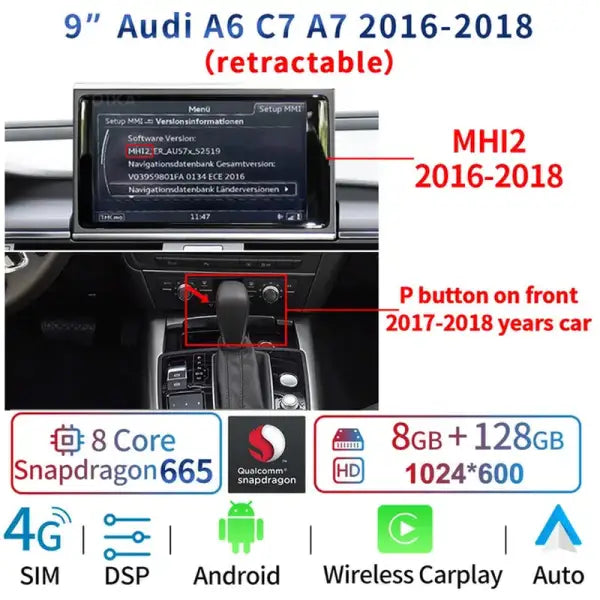 8 Core Android 13 System Car Multimedia Stereo for Audi A6 C7 A7 2012-2018 WIFI 4G 8+128GB RAM Carplay IPS Touch Screen GPS Navi