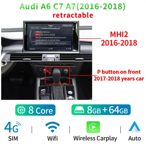 AUDI A6 C7 A7 2011-2018 WIFI 4G 4 + 64GB RAM CARPLAY 9 INCH