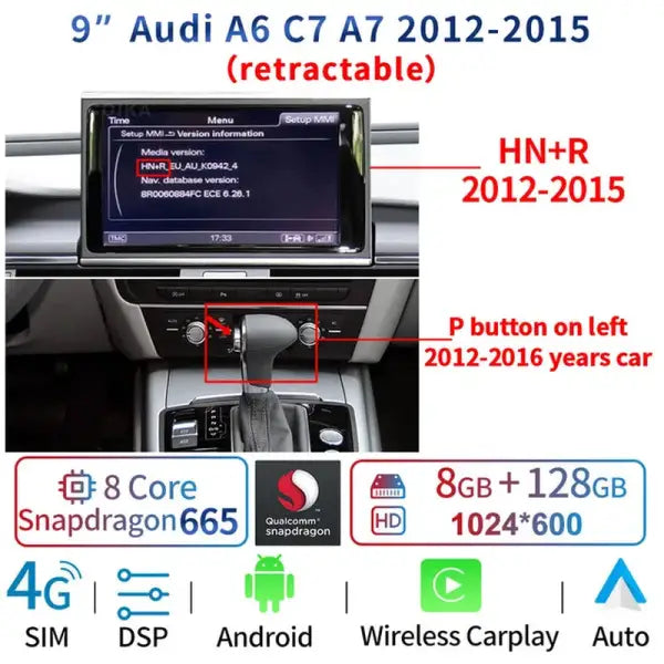 8 Core Android 13 System Car Multimedia Stereo for Audi A6 C7 A7 2012-2018 WIFI 4G 8+128GB RAM Carplay IPS Touch Screen GPS Navi