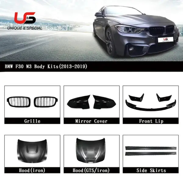 Auto Car Parts M3 Style for 2013-2018 BMW 3 Series F30 M3 PP Bumper Body Kits Side Skirts Exhat Pipe and Hood Fender