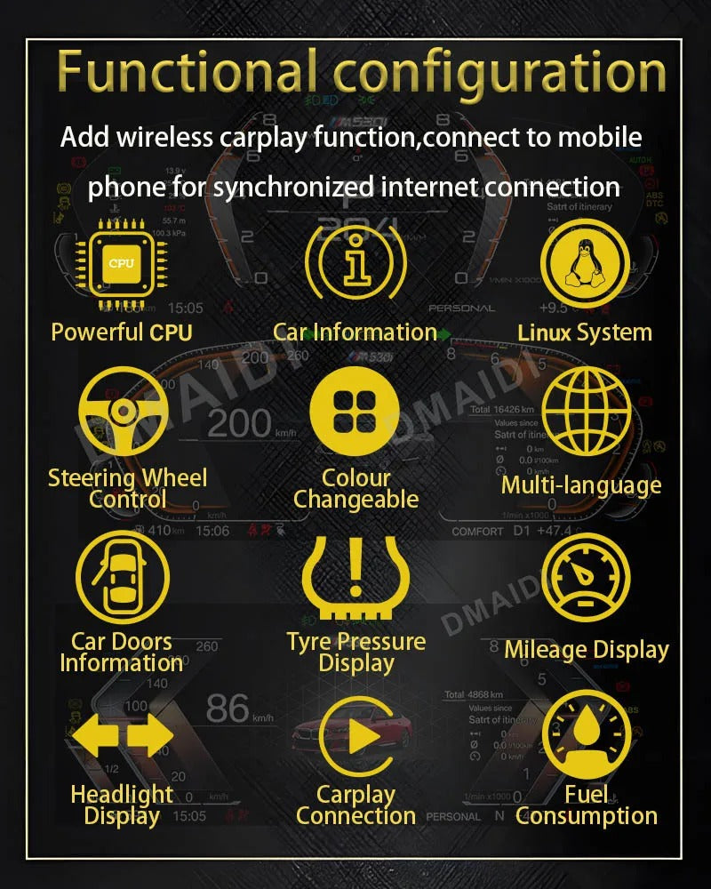 BMW 1 2 3 4 5 6 7 X1 X3 X4 X5 X6 X7 Z4 F10 F20 F30 F34 F12 F02 F48 F25 F26 F15 F16 E60 E70 E90 E84 E89 ANDROID DIGITAL INSTRUMENTAL CLUSTER SPEEDOMEETER  WITH CARPLAY