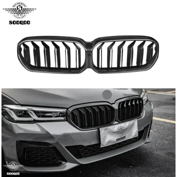 For BMW 5 Series G30 LCI 530I 540I Upgrade Carbon Double Slat Front Bumper Grill Grille Mesh 2020+