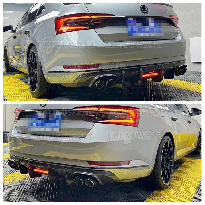 Carbon Fiber Rear Lip With LED Light FOR Skoda Superb 2015- 2023 Fins Shark Style Diffuser Bumper Guar After Lip