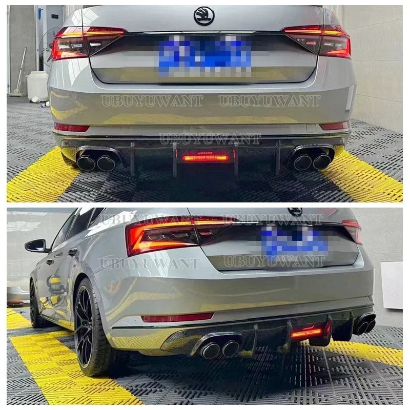 Carbon Fiber Rear Lip With LED Light FOR Skoda Superb 2015- 2023 Fins Shark Style Diffuser Bumper Guar After Lip