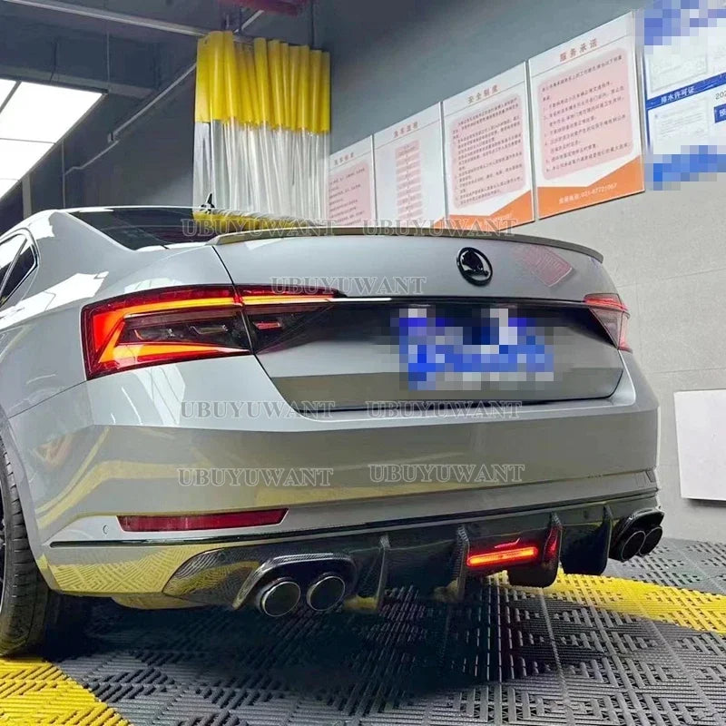 Carbon Fiber Rear Lip With LED Light FOR Skoda Superb 2015- 2023 Fins Shark Style Diffuser Bumper Guar After Lip