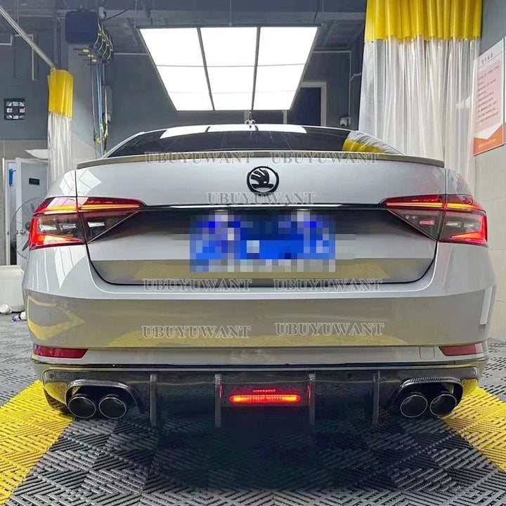 Carbon Fiber Rear Lip With LED Light FOR Skoda Superb 2015- 2023 Fins Shark Style Diffuser Bumper Guar After Lip