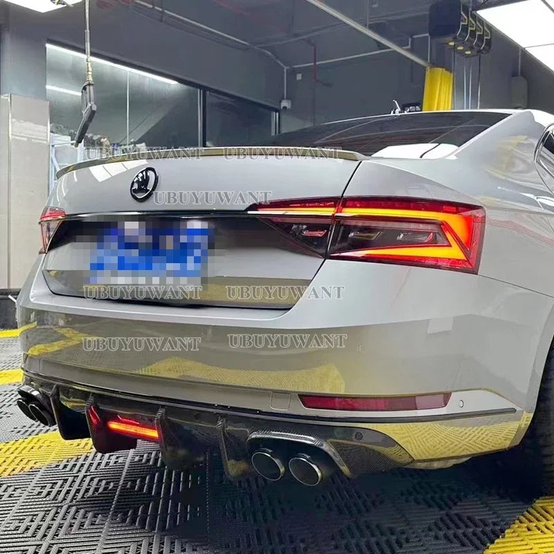 Carbon Fiber Rear Lip With LED Light FOR Skoda Superb 2015- 2023 Fins Shark Style Diffuser Bumper Guar After Lip