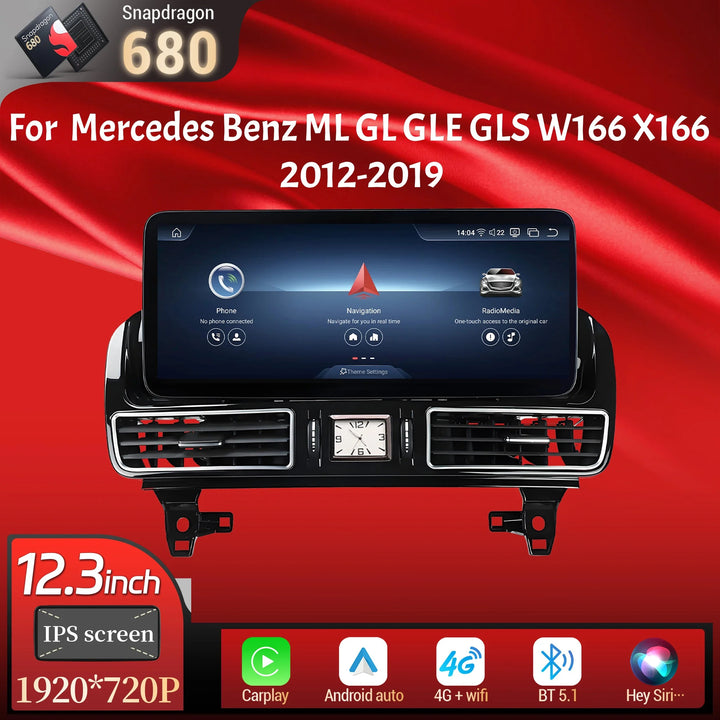12.3inch Car Radio For Mercedes Benz ML GL GLE GLS W166 X166 2012-2019 Android 14 Wireless Carplay Snapdragon 680 Touch Screen player 64+4gb