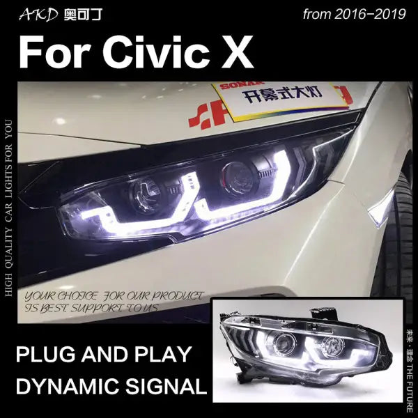 Honda Civic Headlights 2016-2019 Civic X LED Headlight LED DRL Hid Head Lamp Angel Eye Bi Xenon