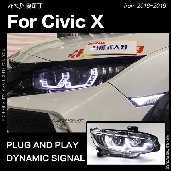 Honda Civic Headlights 2016-2019 Civic X LED Headlight LED DRL Hid Head Lamp Angel Eye Bi Xenon