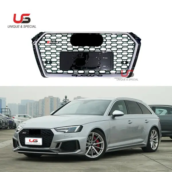 Honeycomb Sliver Frame Black Net Grilles for Audi A4 B9 Rs4 Grill 2017 2018 2019 2020