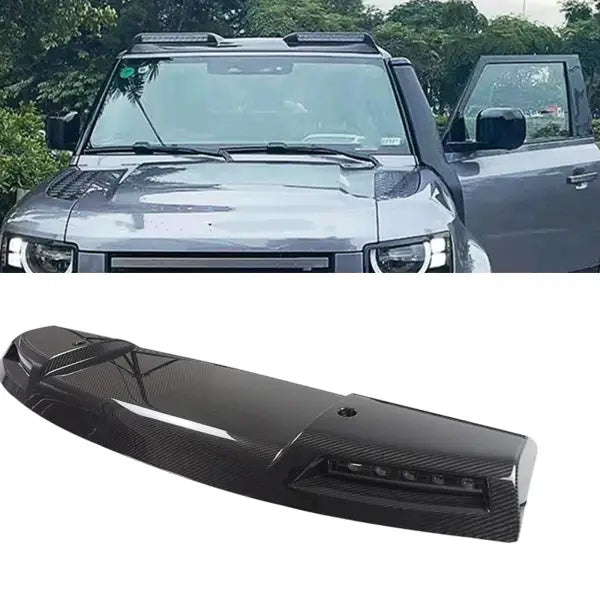 For Land Rover Defender 90 110 2020-2024 Carbon Fiber Look Front Roof Spoiler with Dome Light Bar DRL LED Daytime Running Lamp