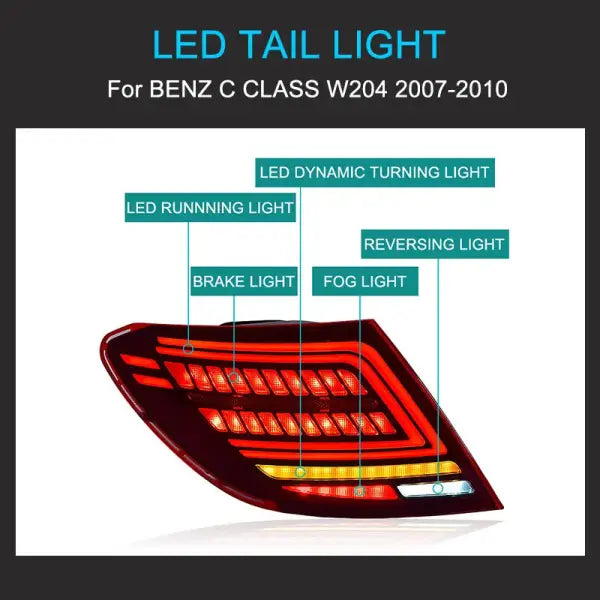 1 Pair LED Tail Light Assembly for Benz C Class W204 2007-2010 Taillight Plug and Play with LED Dynamic Turning Rear Tail Lights