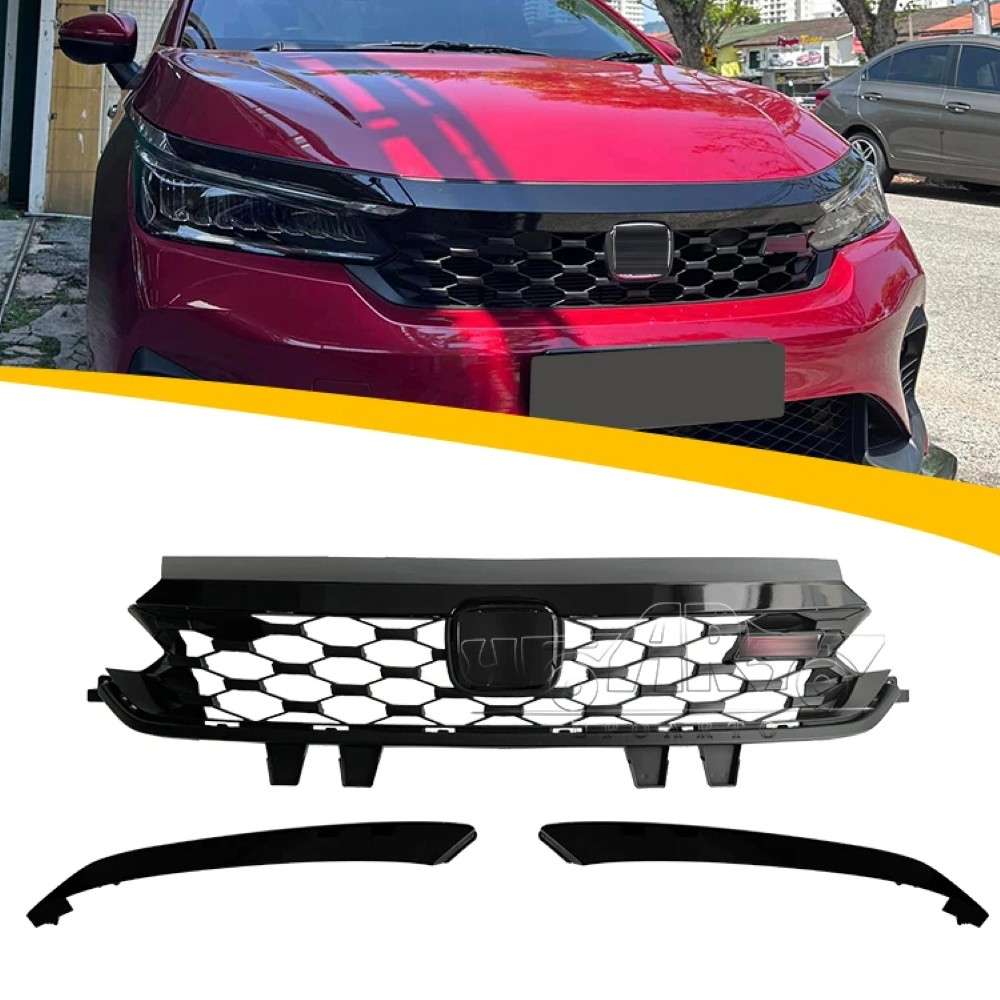 Car Craft Compatible With Honda City Rs 2023+ Front Bumper Upper Show Grille With Headlight Lamp Eyebrow Trim Splitter Honeycomb Ar-honda-0130 Glossy Black - CAR CRAFT INDIA