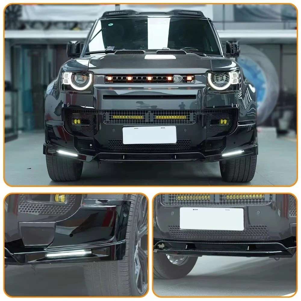 Car Craft Compatible With Range Land Rover Defender 110 90 130 2020+ Front Bumper Lip Splitter Skirts Lower Protector Glossy Black Led