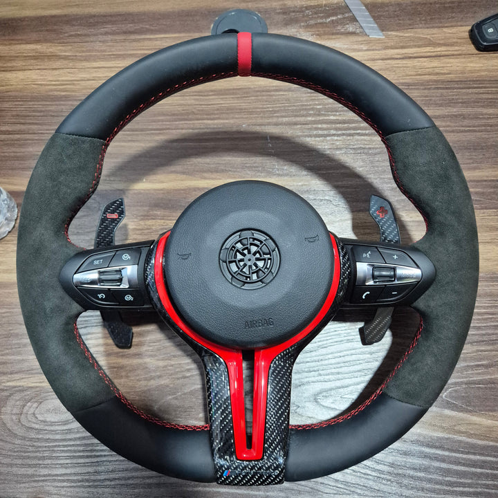 Car Craft Compatible With Bmw 5 Series F10 F07 Gt 2010-2017 6 Series F06 F12 2011-2019 7 Series F01 F02 Series 2009-2015 8 Series Upgraded Custom M Sports M3 M4 Full Steering Wheel Alcantara Red Full CC-8059