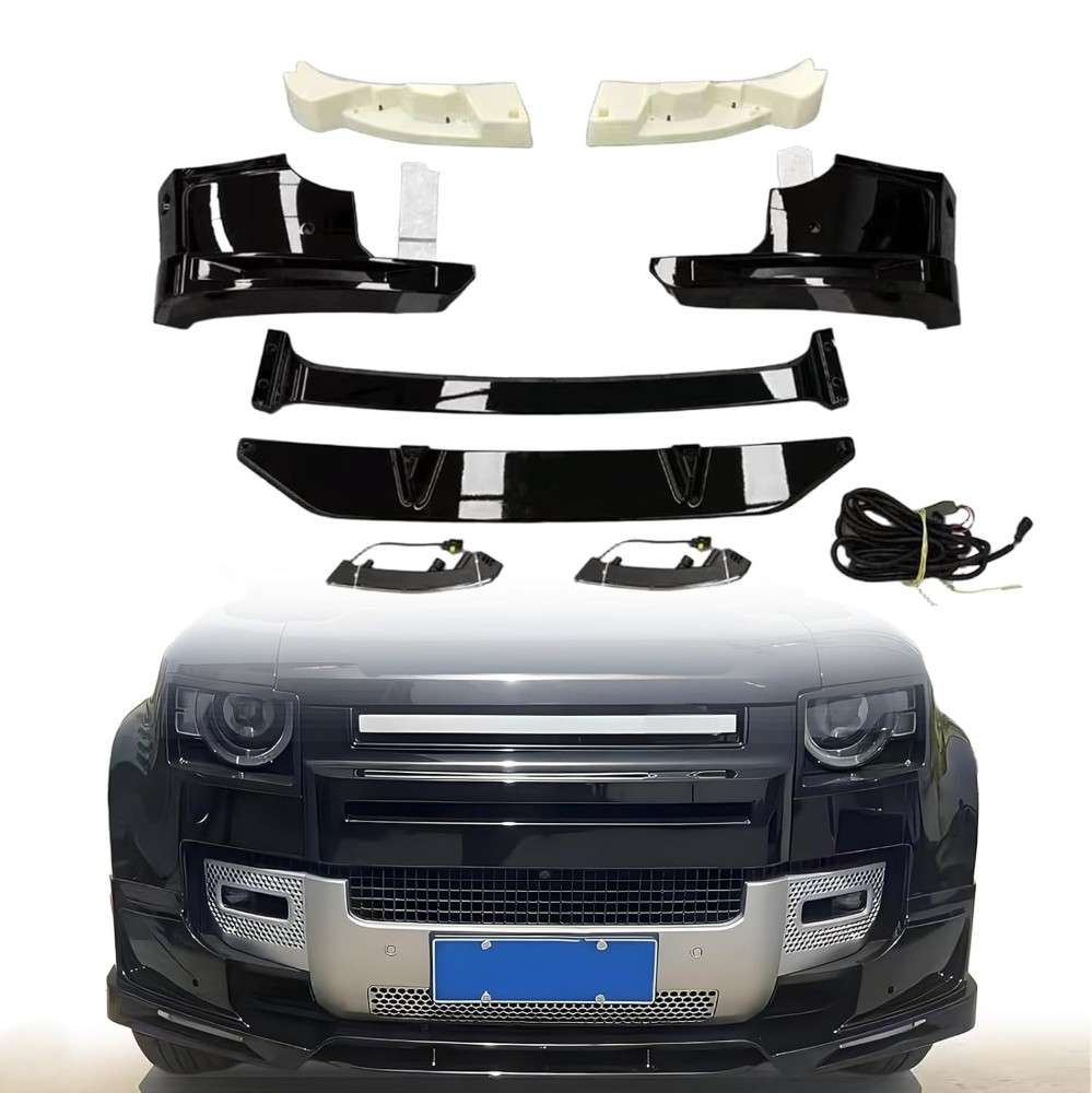 Car Craft Compatible With Range Land Rover Defender 110 90 130 2020+ Front Bumper Lip Splitter Skirts Lower Protector Glossy Black Led