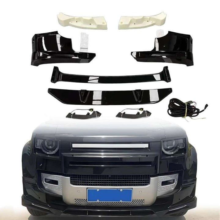 Car Craft Compatible With Range Land Rover Defender 110 90 130 2020+ Front Bumper Lip Splitter Skirts Lower Protector Glossy Black Led