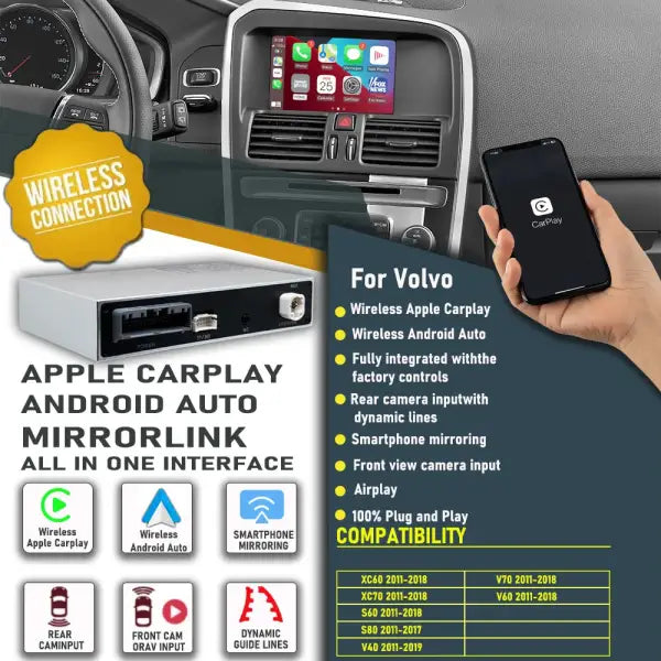 Wireless Apple Carplay Android Auto Module Car AI Box for Volvo XC60 XC70 S60 S80 V60 V70 V40 (2011-2019) Mirror Link Decoder